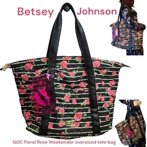 Betsey Johnson Floral Rose Weekender oversized quilted tote handbag black pink